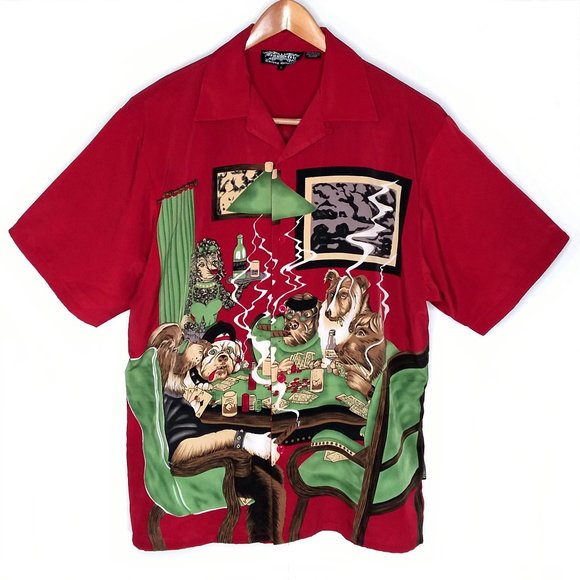 Dragonfly Clothing Company Poker Dogs Smoking Cigars Shirt Gambling in Red - Picture 1 of 5